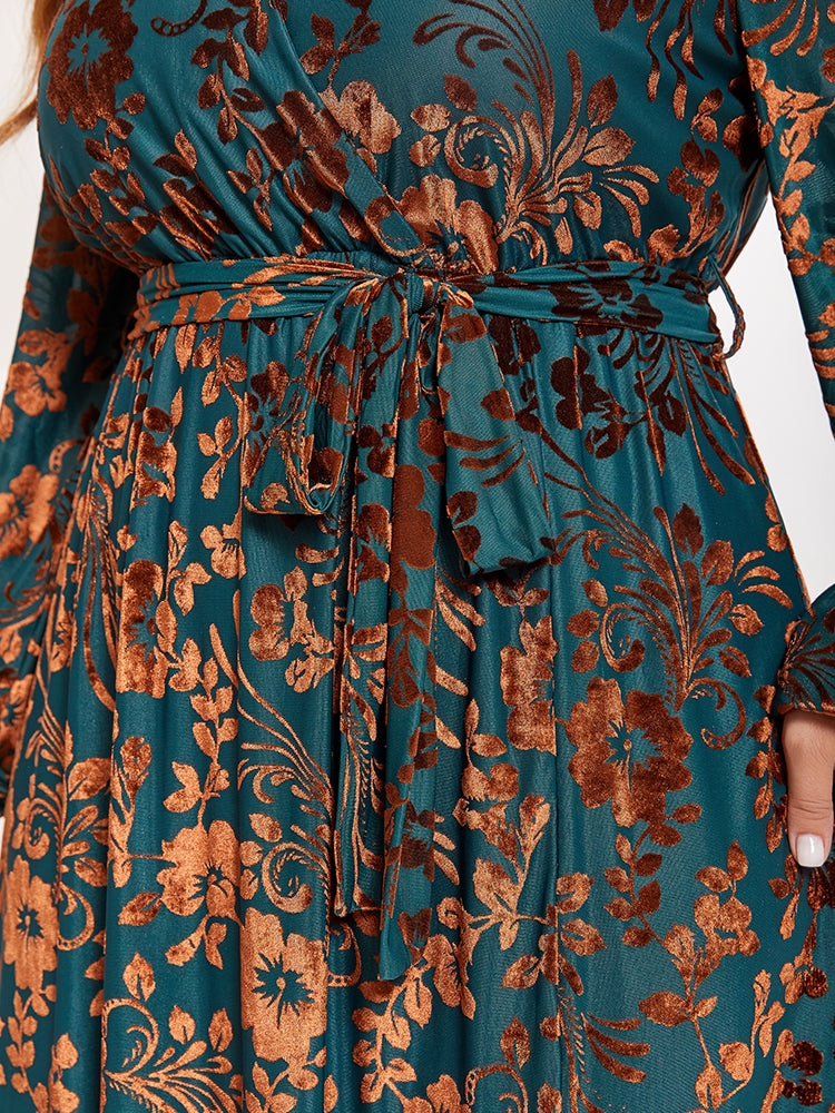 Floral printed velvet maxi dress with wrap-around belt