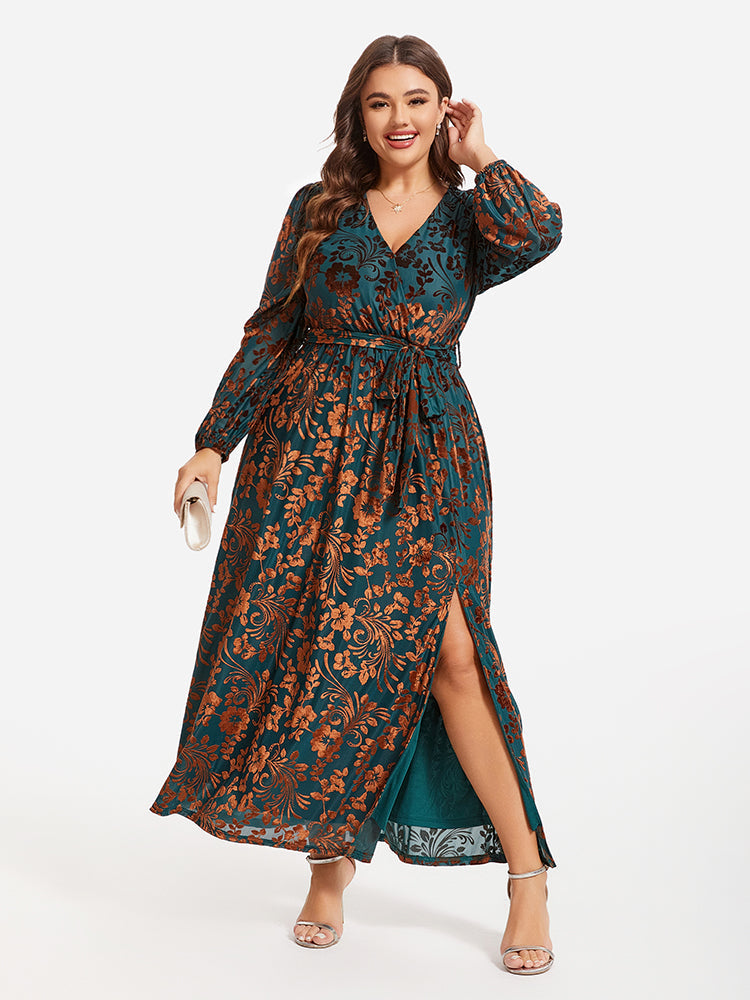 Floral printed velvet maxi dress with wrap-around belt