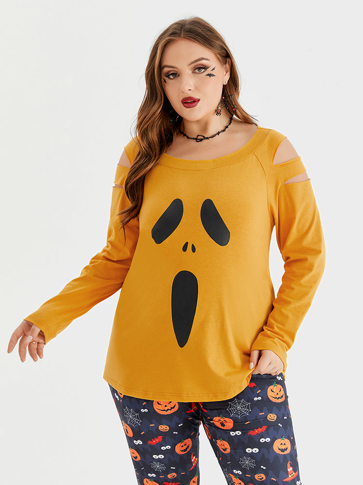 Halloween Print Ausgeschnittenes Raglan-Ärmel Tee