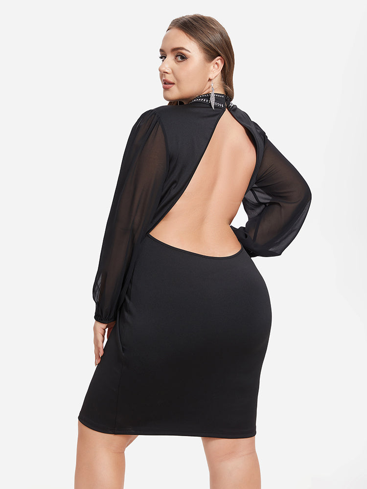 Contrast Mesh Lantern Sleeve Rhinestone Detail Backless Dress