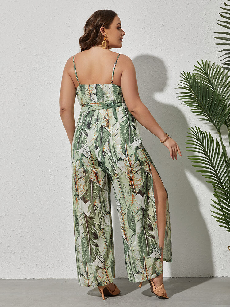 Plus Grün Tropical Print Tie Front Jumpsuit