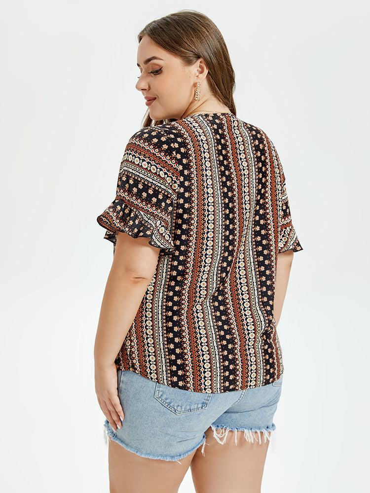 Allover Print V-Neck Flounce Sleeve Blouse