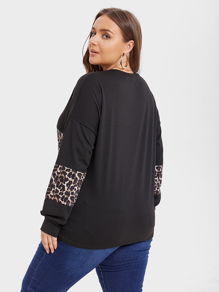 Leopard Print Colorblock Drop Shoulder Tee