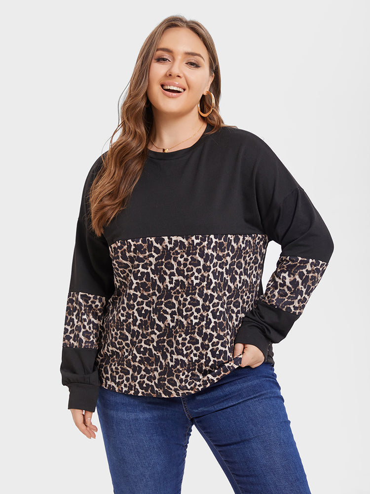 Leopard Print Colorblock Drop Shoulder Tee