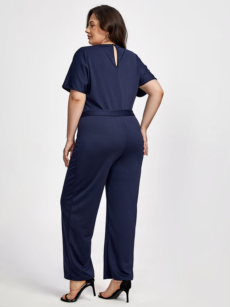 Plus Batwing-Ärmel Krawatte vorne Rundhalsausschnitt Jumpsuit