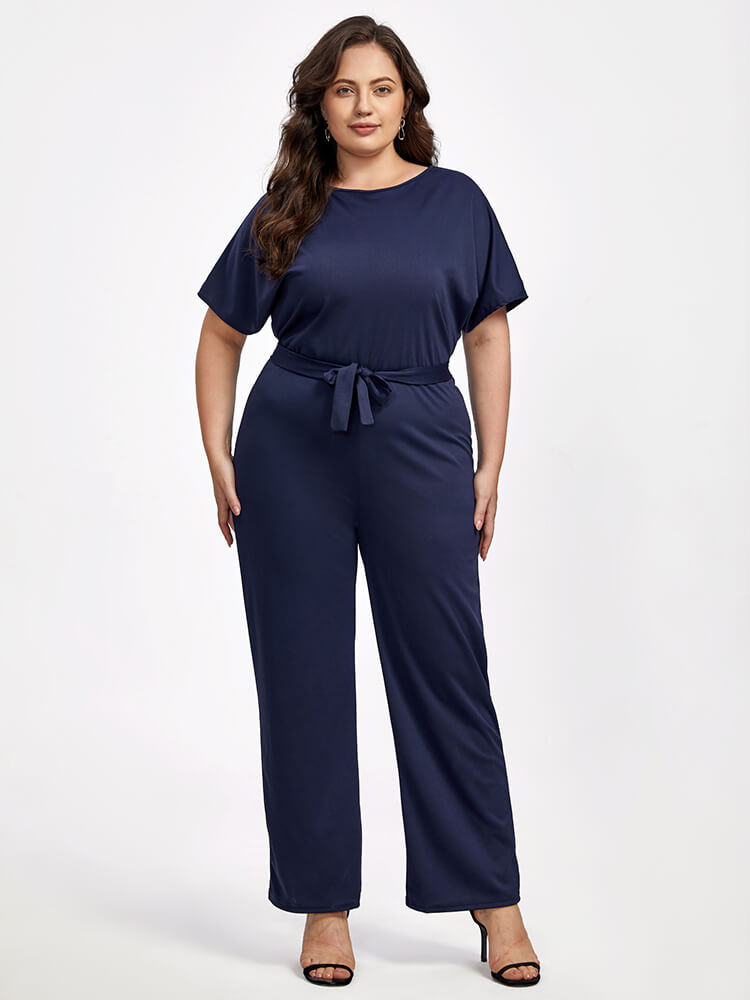 Plus Batwing-Ärmel Krawatte vorne Rundhalsausschnitt Jumpsuit