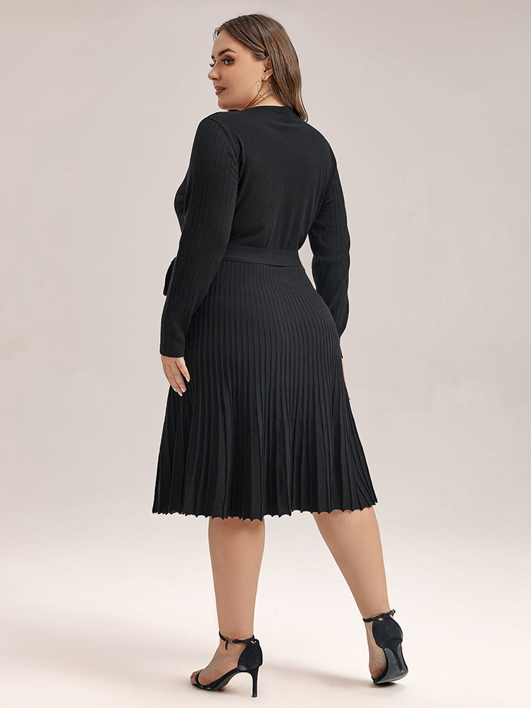 Solid Tie Front Pleated Hem Sweater Dress