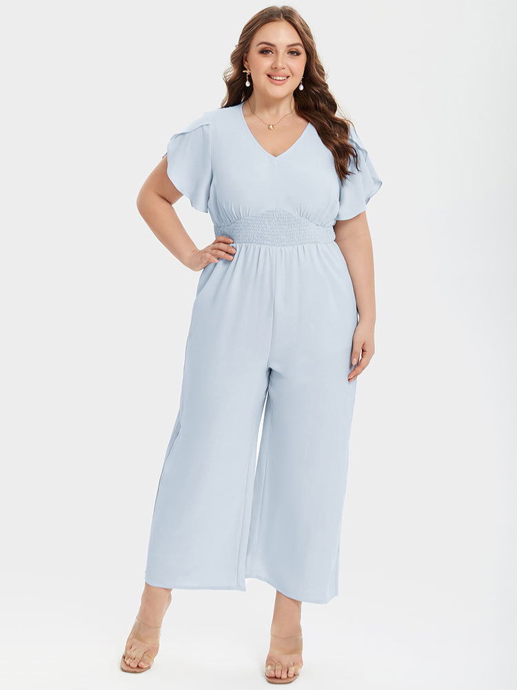 Plus Patchwork V-Neck Tulip Sleeve Pocket Jumpsuits