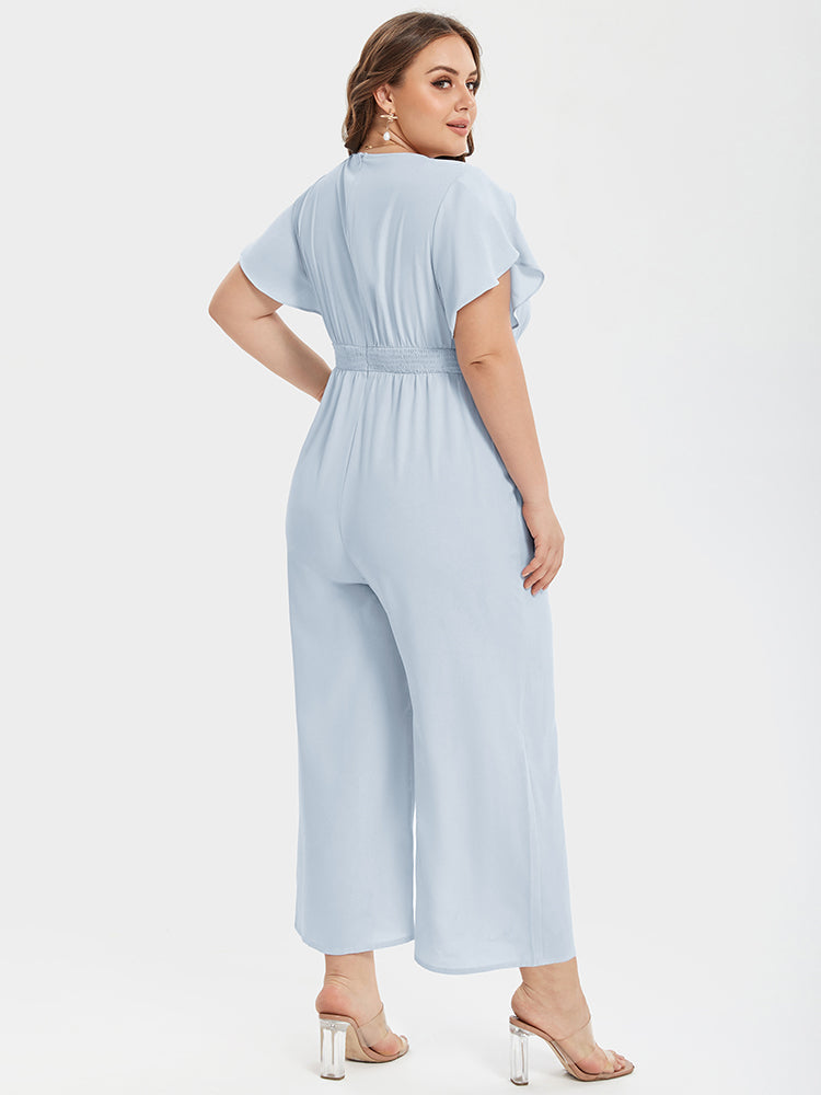 Plus Patchwork V-Neck Tulip Sleeve Pocket Jumpsuits