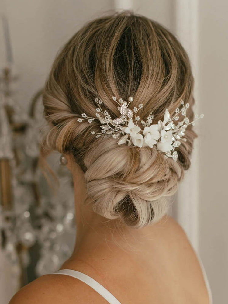 Ceramic Pearl Hair Comb For Bride With Handmade Braided