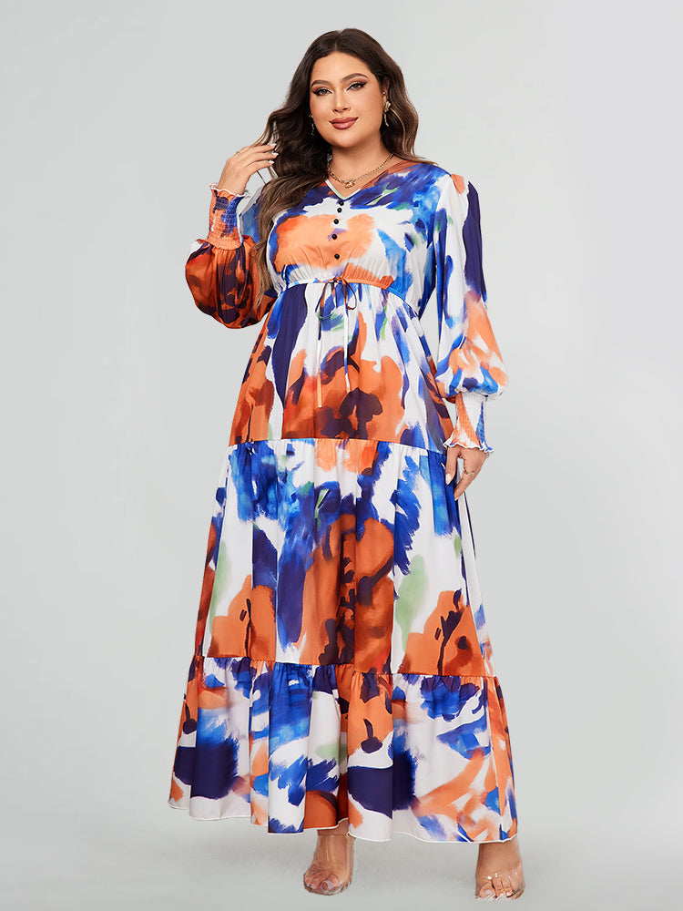 Boho Floral Print Button Front Ruffle Kleid