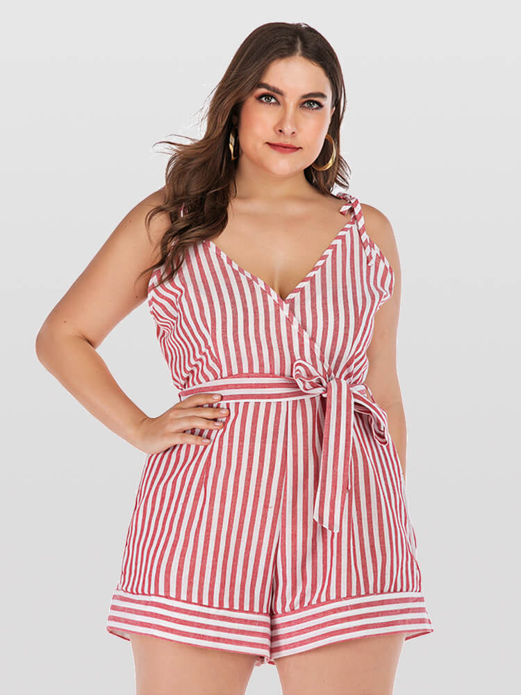 Plus Pink Crisscross Striped V-Neck Knot Side Romper