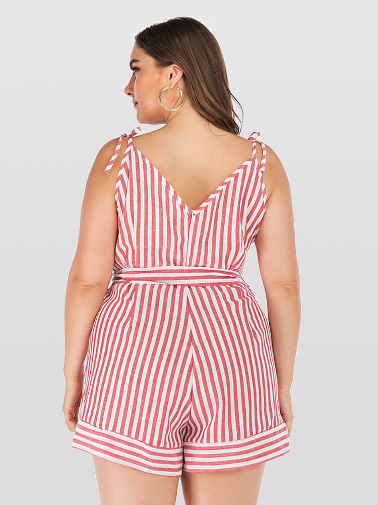 Plus Pink Crisscross Striped V-Neck Knot Side Romper