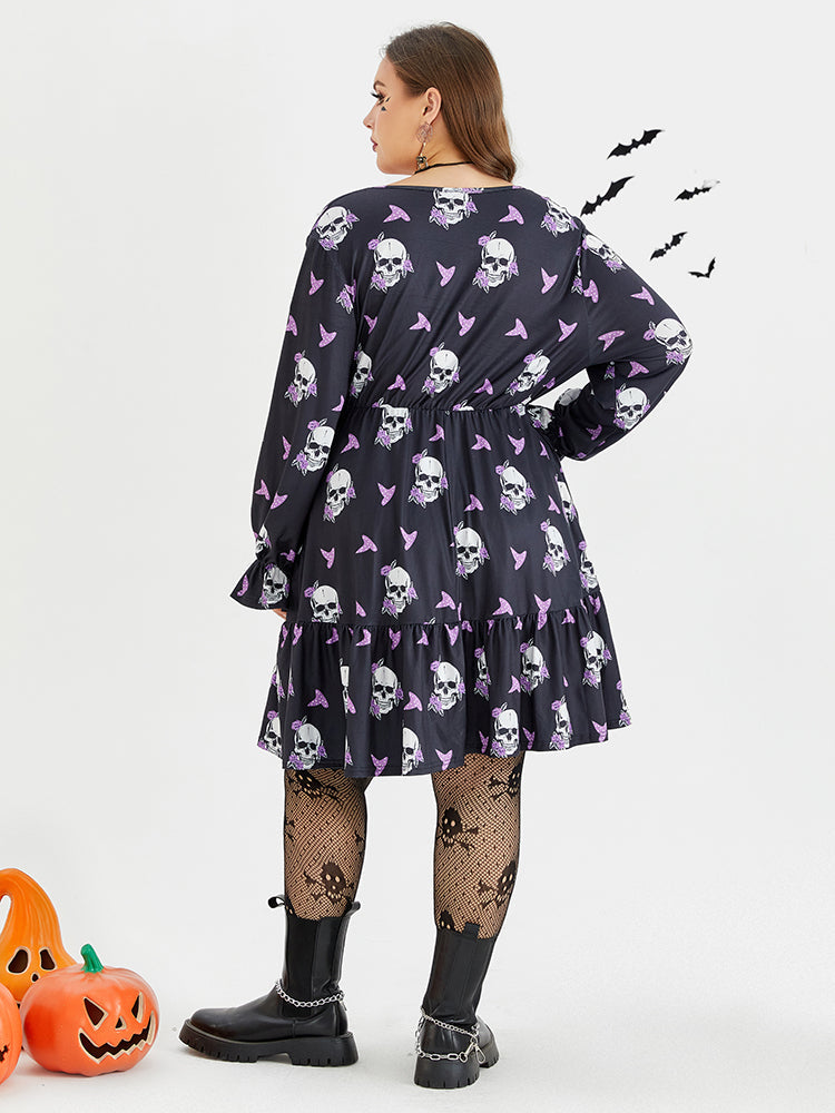 Halloween Print Volant Ärmel Tasche Rüschenbesatz Kleid