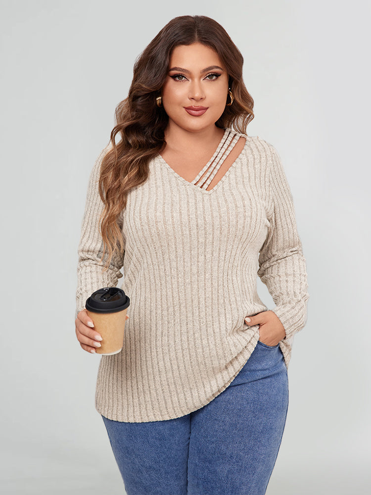 Cut Out V Neck Ribbed Knit Tee