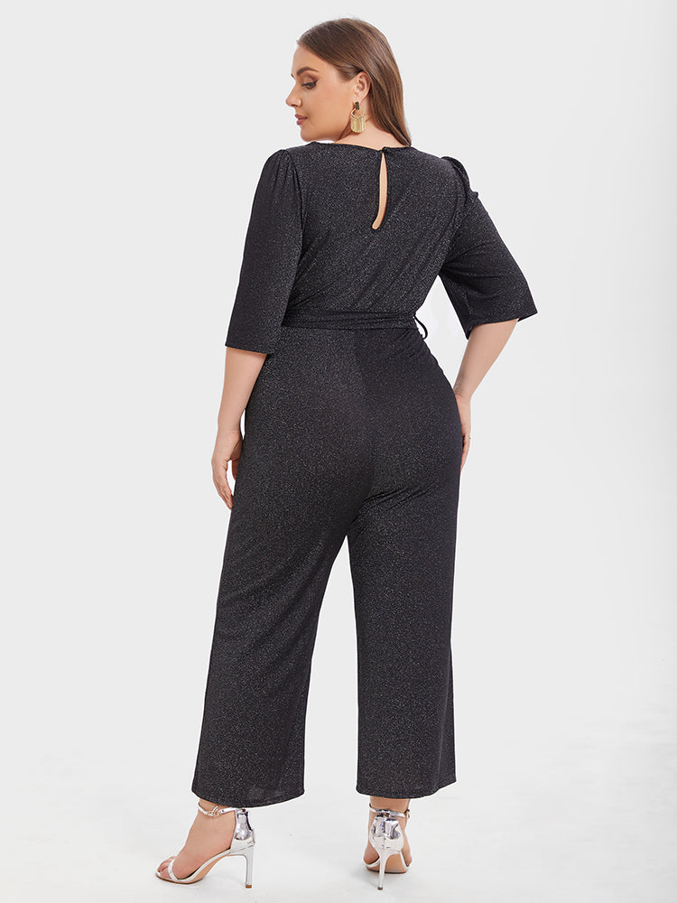 Jumpsuit mit quadratischem Ausschnitt und Puffärmel mit Gürtel und Glitzer