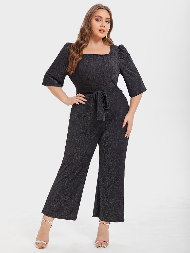 Jumpsuit mit quadratischem Ausschnitt und Puffärmel mit Gürtel und Glitzer