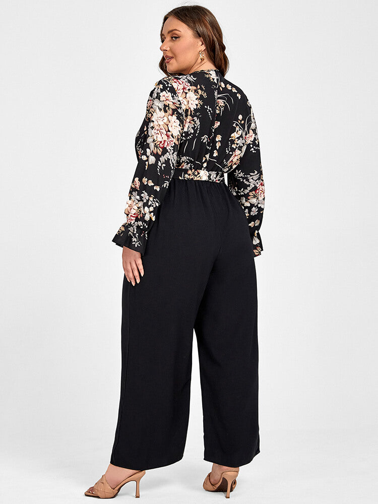 Plus Floral Patchwork Wrap Jumpsuit mit Gürtel und Taschen