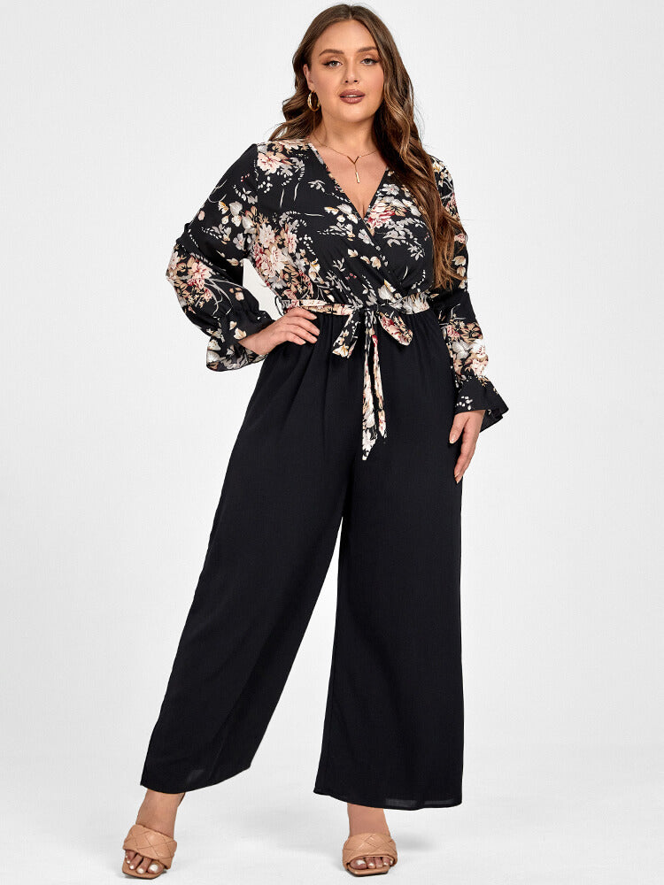 Plus Floral Patchwork Wrap Jumpsuit mit Gürtel und Taschen