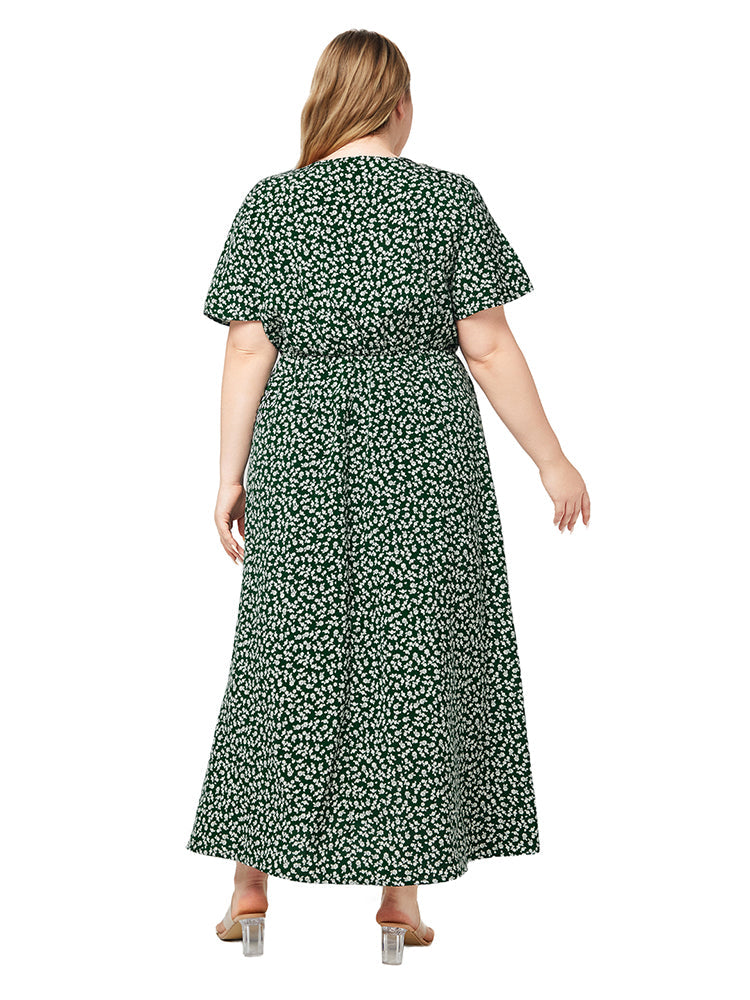 Kleid mit V-Ausschnitt und elastischer Taille und geteiltem Saum mit Blumendruck