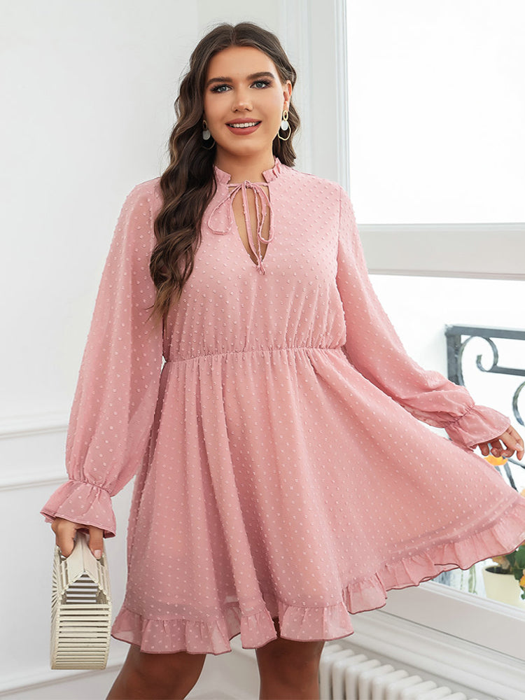 Plus Pink Tie Neck Ruffle Trim Dress