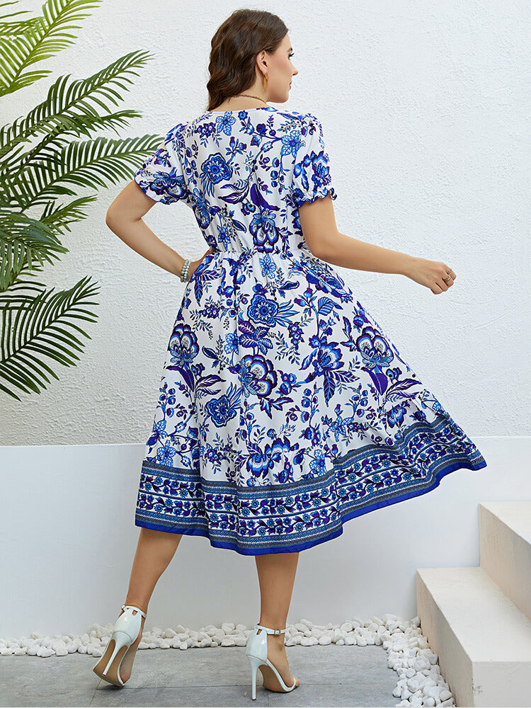 Plus Blau Floral Puffärmel Rüschensaum Elastische Taille Midikleid