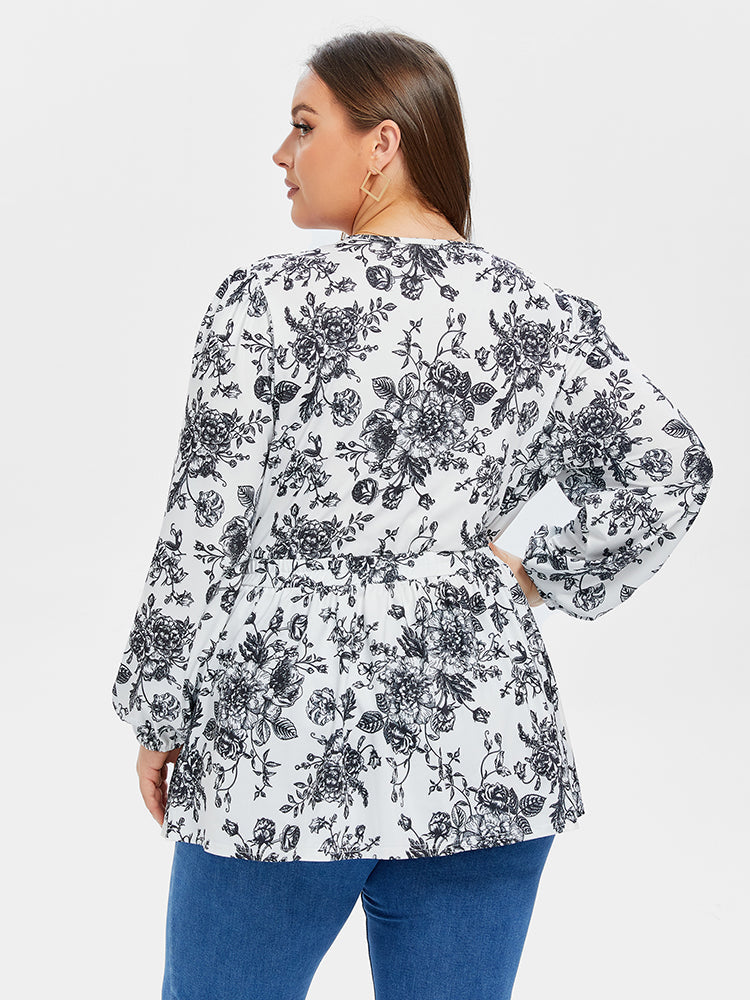 Floral Print V-Neck Lantern Sleeve Elastic Waist Blouse