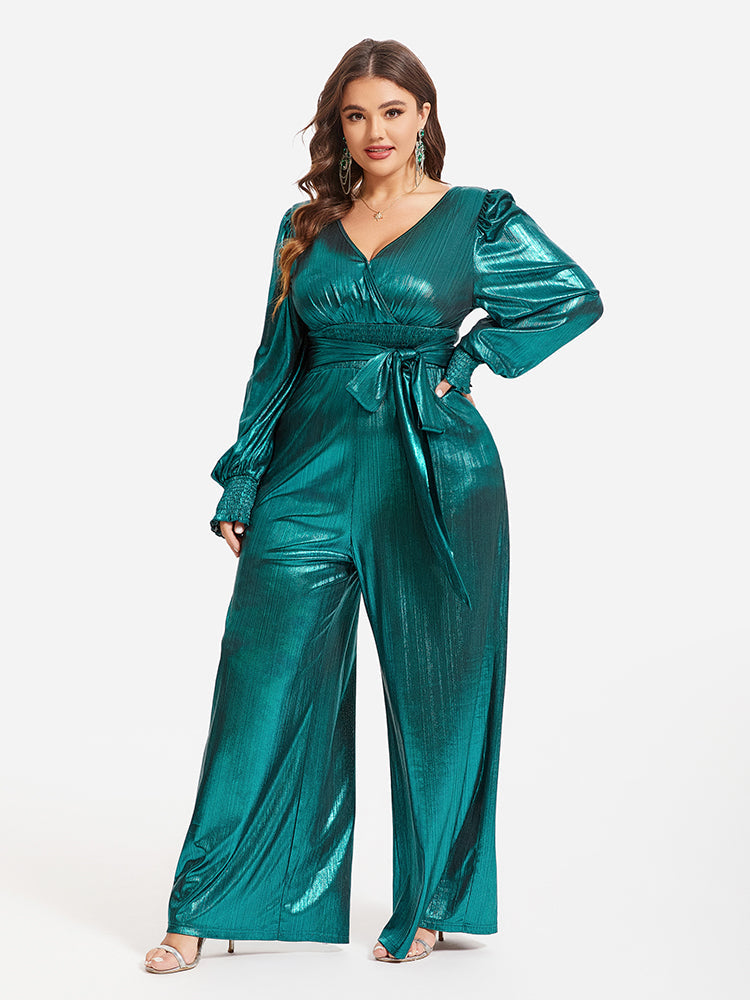 Laternenärmel Knoten Front Metallic Weites Bein Jumpsuit