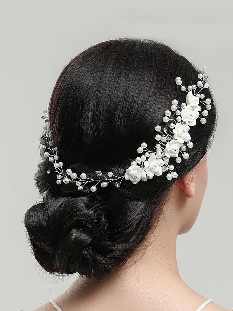 Bride Pearl Flower Soft Pottery Hair Comb & Tiara For Weddings